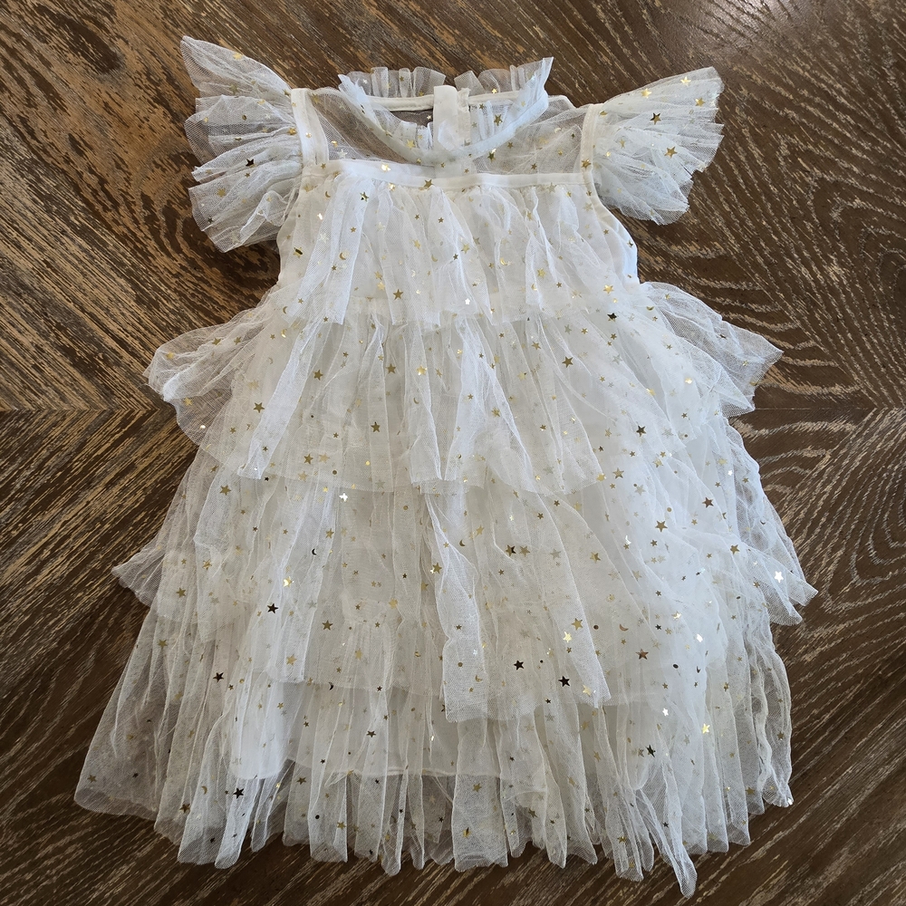 Baby Toddler White Tulle Dress Gold Star Ruffle Zipper Back Size 110